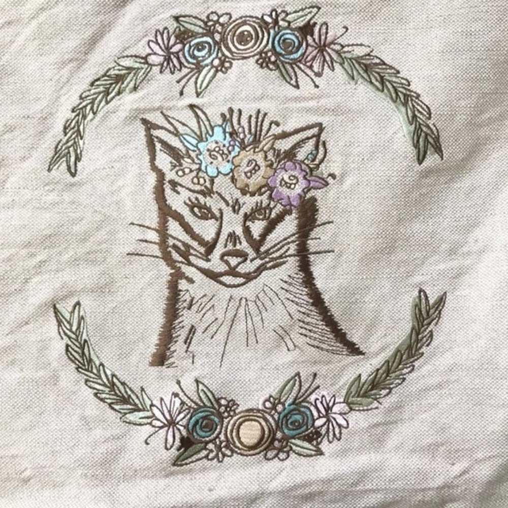 Floral Cat Embroidered Cushion Cover Sham
